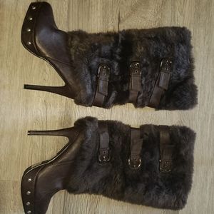 Platform stiletto booties with cuffed fur